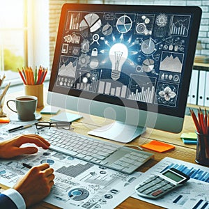 A desktop computer with a visual business plan