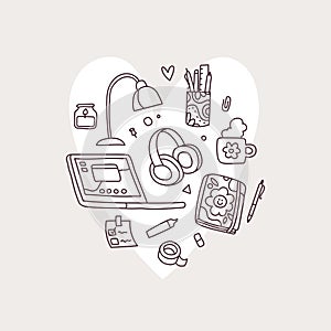 Desktop doodle set . Hand drawn color cartoon elements. Vector illustration for coloring book in heart shape. Study