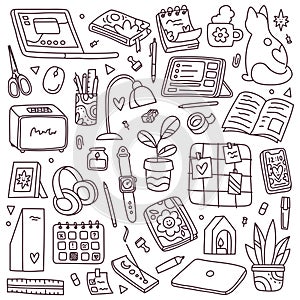 Desktop doodle set on a white background. Doodle design style, hand drawn cartoon elements. Illustration for coloring
