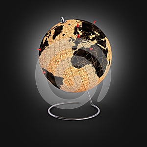 Desktop globe with pins on the map on black gradient background 3d