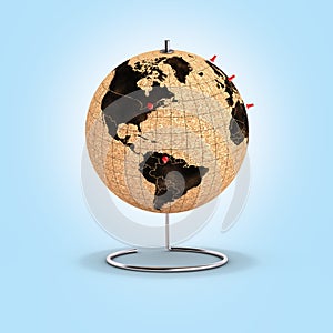 Desktop globe with pins on the map on blue gradient background 3d