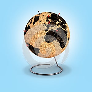 Desktop globe with pins on the map on blue gradient background 3d