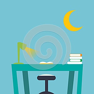 Desktop in kid bedroom with book and notebook.