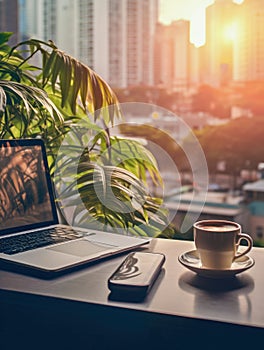 Desktop with laptop, phone, coffee cup and houseplant in front of a window in a big city with morning sunlight. Generative AI