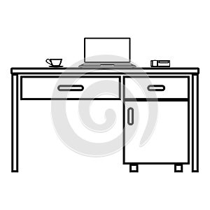 Desktop with laptop phone and tea mug Business stuff on table icon outline black color vector illustration flat style image