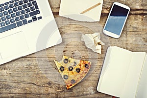 Desktop mix on a wooden office table.