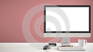 Desktop mockup, template, computer on work desk with blank screen, keyboard mouse and notepad with pens and pencils, red colored b