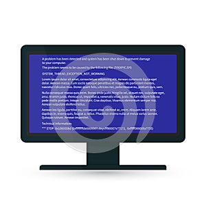 Desktop monitor with blue screen of death BSOD . System crash report. Fatal error of software or hardware. Broken computer vector