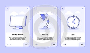 Desktop monitor desk lamp clock onboarding screen for mobile apps template banner page UI with three variations modern