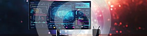 Desktop monitor displaying code and data visualizations in a modern setting
