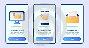Desktop notification mobile notification inbox message for mobile apps template banner page UI with three variations