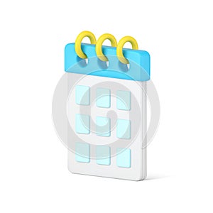 Desktop organizer 3d icon. White calendar page with blue cells for dates and notes
