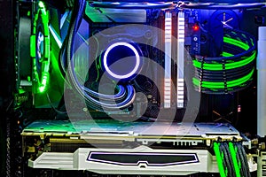 Desktop PC Gaming and liquid cooling cpu with LED RGB light show status on working mode