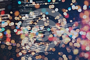 Desktop PC monitor photo. Javascript functions, variables, objects. Project managers work new idea. Future technology creation