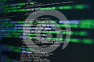 Desktop PC monitor photo. Javascript functions, variables, objects. Project managers work new idea. Future technology creation