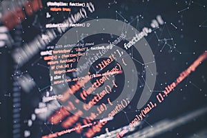 Desktop PC monitor photo. Javascript functions, variables, objects. Project managers work new idea. Future technology creation