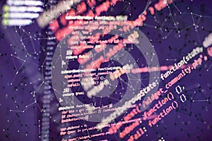 Desktop PC monitor photo. Javascript functions, variables, objects. Project managers work new idea. Future technology creation