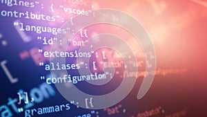 Desktop PC monitor photo. Javascript functions, variables, objects. Project managers work new idea. Future technology creation