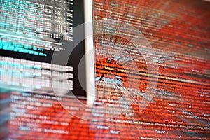 Desktop PC monitor photo. Javascript functions, variables, objects. Project managers work new idea. Future technology creation