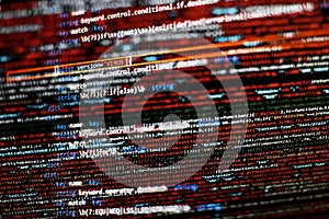 Desktop PC monitor photo. Javascript functions, variables, objects. Project managers work new idea. Future technology creation