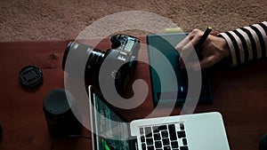 The desktop of a photographer or graphic designer. Aesthetic Workspace in Asian Cafe for Traveling Photographer