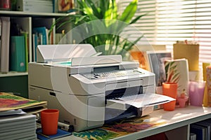 Desktop printer and office equipment in sunny room