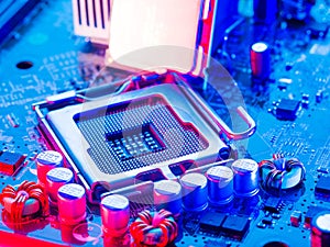 Desktop processor with pins up on the motherboard of a personal computer. Nanotechnologies, cyberspace, cybersecurity, microchips