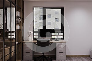 Desktop on the table with a vase, light, chairs beside the window side, 3D rendering