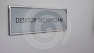 Desktop technician office, hand knocking closeup, computer maintenance, repair