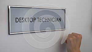 Desktop technician office, hand knocking closeup, computer maintenance, repair