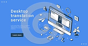 Desktop translation service laptop monitor browsing advertising banner landing page isometric vector