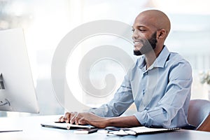 Desktop, typing and black man in office for research with corporate legal case for startup. Technology, reading and