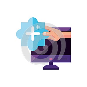 desktop with user hand and plus symbol