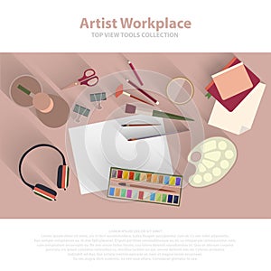 Desktop workplace artist, painter, designer top view concept empty. Flat style template for advertising. Mockup, layout