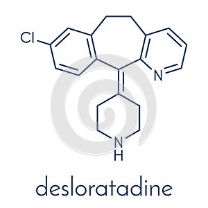 Desloratadine antihistamine drug molecule. Used to treat hay fever, urticaria and allergies. Skeletal formula.