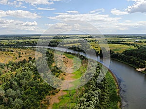 Desna River with forest. Aerial view