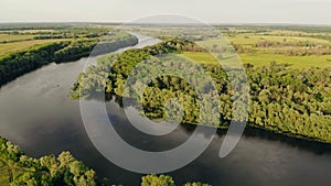 Desna River with forest. Aerial view.