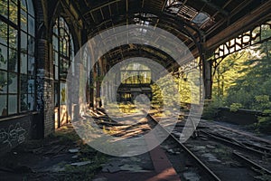 Desolate Abandoned rail station. Generate AI