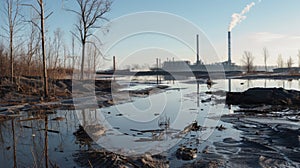 A desolate backdrop of ponds filled with coal ash waste silently seeping pollutants into the earth photo