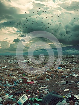 A desolate, expansive landscape of discarded waste and debris stretches out as far as the eye can see, a sobering