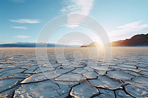 Desolate frozen desert under a pale sun. Crust of snow cracked in the wind. Clear bright sky snowy mountains on horizon