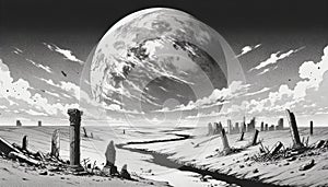 Desolate futuristic landscape with large moon and barren terrain