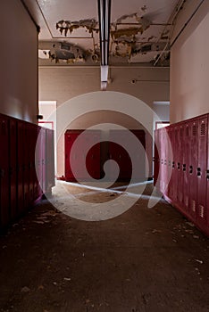 Desolate Hallway + Red Lockers - Abandoned Gladstone School - Pittsburgh, Pennsylvania