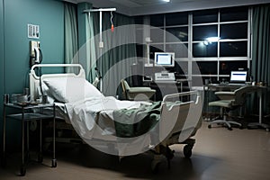 Desolate hospital room displays one bed, lacking any signs of occupancy.