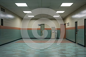 Desolate Institutional Corridor with Tile Flooring photo