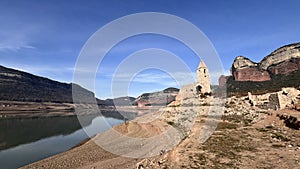 Desolate landscape of the Panta de Sau reservoir in Catalonia, Spain.