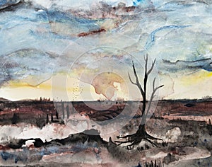 Desolate landscape watercolor sunset