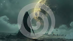 On a desolate moon a knight with a technologically advanced sword vows to end an intergalactic war photo