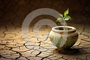 Desolate, parched soil provides a foundation for a pea shoot, depicting the tenacity of life amid adversity