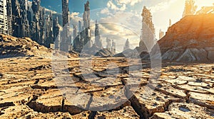 Desolate post-apocalyptic city with skyscrapers in various states of destruction surrounded by a barren and arid environment.